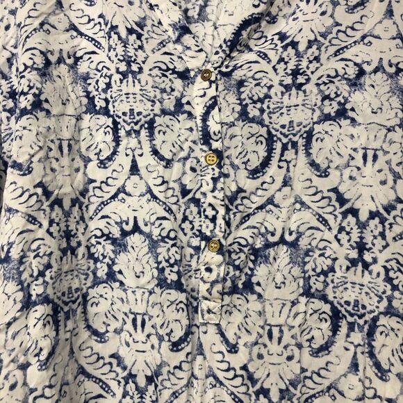 Grand & Greene Blue White Geometric Button-Up Blouse, Size XL - Picture 3 of 7